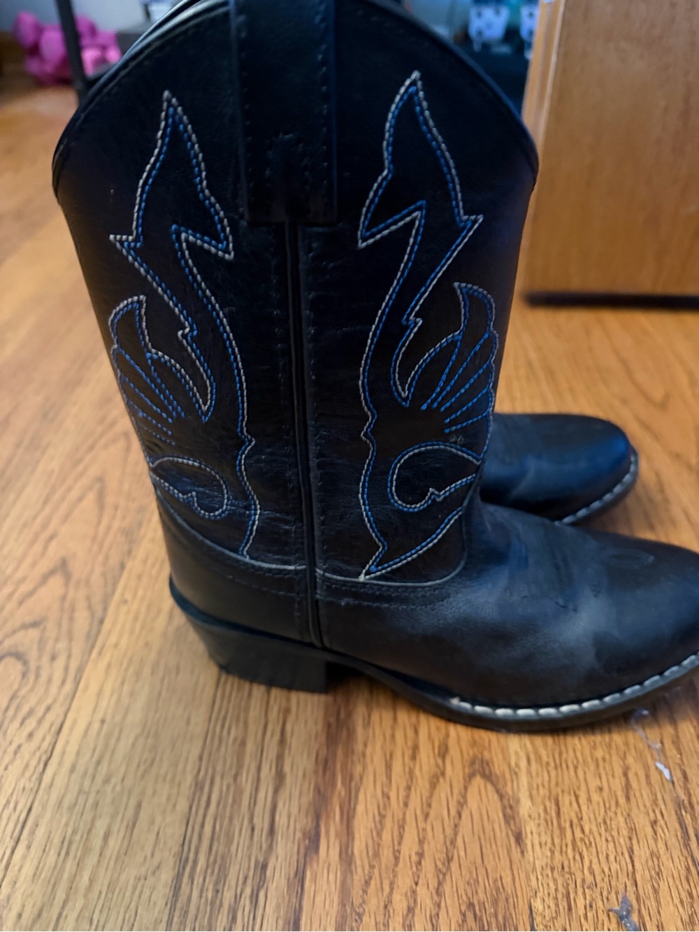Black Kids Cowboy Boots with Blue Stitching
